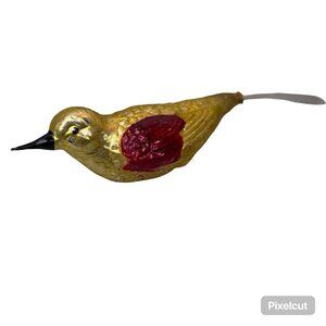 Vintage Antique Germany Glass Bird Ornament Handcrafted Metallic Gold Red READ
